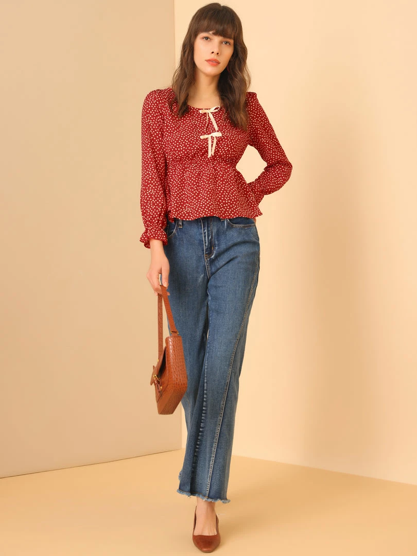 Allegra K Women's Heart Print Top Bow Tie Front Round Neck Long Sleeve Chiffon Peplum Blouse 5 Allegra K Women's Heart Print Top Bow Tie Front Round Neck Long Sleeve Chiffon Peplum Blouse