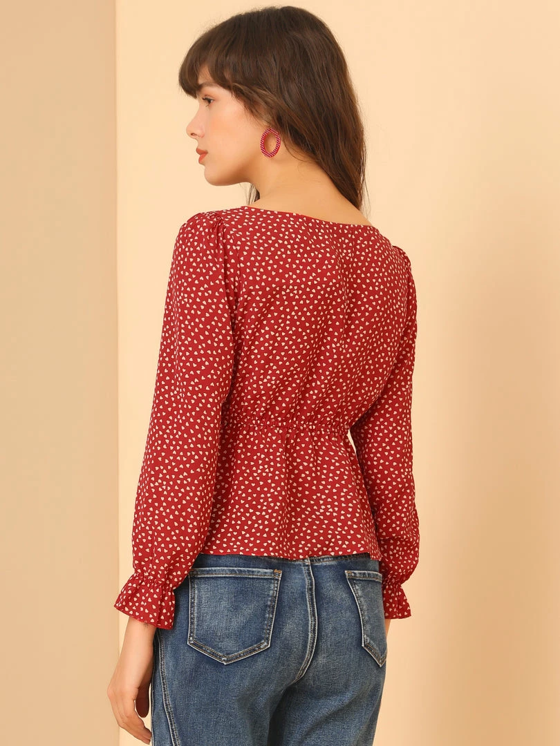 Allegra K Women's Heart Print Top Bow Tie Front Round Neck Long Sleeve Chiffon Peplum Blouse 8 Allegra K Women's Heart Print Top Bow Tie Front Round Neck Long Sleeve Chiffon Peplum Blouse