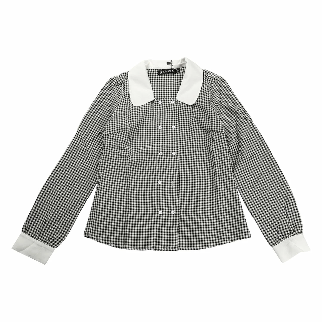 Allegra K Women's Contrast Peter Pan Collar Blouse Gingham Long Sleeve Button Front Shirt 4 Allegra K Women's Contrast Peter Pan Collar Blouse Gingham Long Sleeve Button Front Shirt