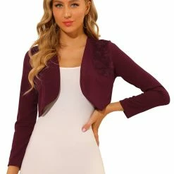 Allegra K Women's Elegant Crop Cardigan Long Sleeve Floral Lace Panel Knit Shrug Tops