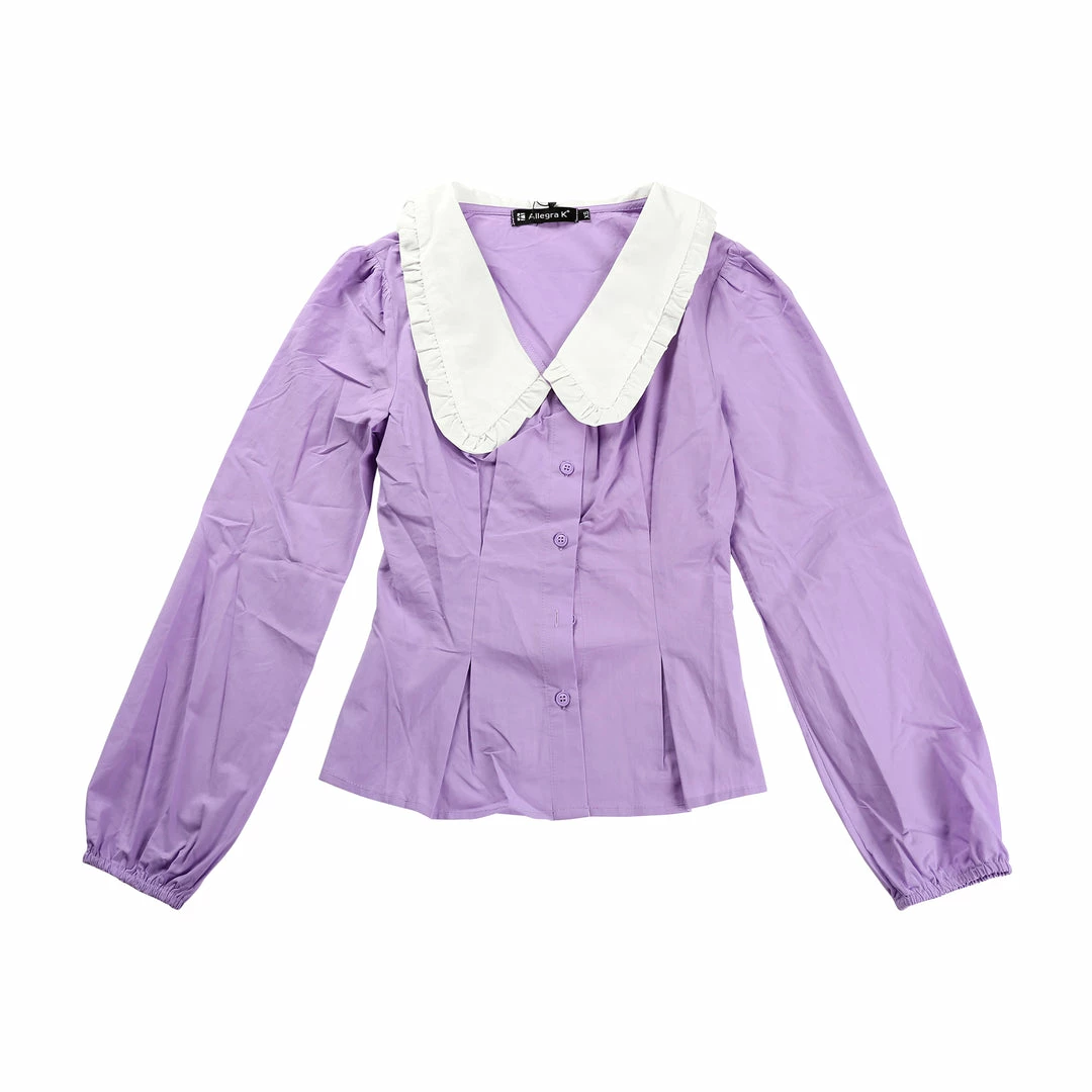 Allegra K Women's Contrast Peter Pan Collar Long Sleeve Button Down Cotton Shirt 5 Allegra K Women's Contrast Peter Pan Collar Long Sleeve Button Down Cotton Shirt