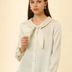 Allegra K Women's Retro 1950s Bow Tie Tops Button Long Sleeve Shawl Collar Satin Blouse