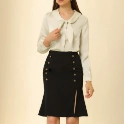 Allegra K Women's Retro 1950s Bow Tie Tops Button Long Sleeve Shawl Collar Satin Blouse