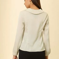 Allegra K Women's Retro 1950s Bow Tie Tops Button Long Sleeve Shawl Collar Satin Blouse