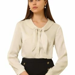 Allegra K Women's Retro 1950s Bow Tie Tops Button Long Sleeve Shawl Collar Satin Blouse