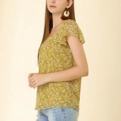 Allegra K Women's Chiffon Ruffle Sleeve Layered Floral Print Blouse Top