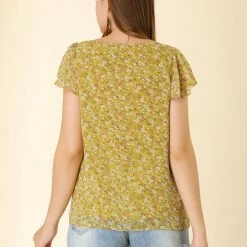 Allegra K Women's Chiffon Ruffle Sleeve Layered Floral Print Blouse Top