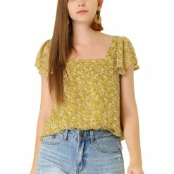 Allegra K Women's Chiffon Ruffle Sleeve Layered Floral Print Blouse Top