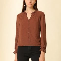 Allegra K Women's Elegant Chiffon Top Long Sleeve Mesh V Neck Blouse 11 Allegra K Women's Elegant Chiffon Top Long Sleeve Mesh V Neck Blouse