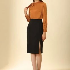 Allegra K Women's Elegant Satin Shirt Bow Tie Office Work Blouses Tops