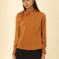 Allegra K Women's Elegant Satin Shirt Bow Tie Office Work Blouses Tops