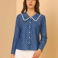 Allegra K Women's Peter Pan Crochet Trim Collar Button Up Long Sleeve Polka Dots Blouse Shirt