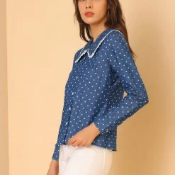 Allegra K Women's Peter Pan Crochet Trim Collar Button Up Long Sleeve Polka Dots Blouse Shirt