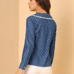 Allegra K Women's Peter Pan Crochet Trim Collar Button Up Long Sleeve Polka Dots Blouse Shirt