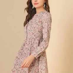Allegra K Women's Elegant Long Sleeve Half Placket V Neck Flowy Casual Floral Mini Dress