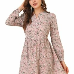 Allegra K Women's Elegant Long Sleeve Half Placket V Neck Flowy Casual Floral Mini Dress