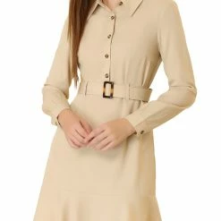 Allegra K Women's Belted Ruffle Hem Point Collar Button Down Shirt Dress