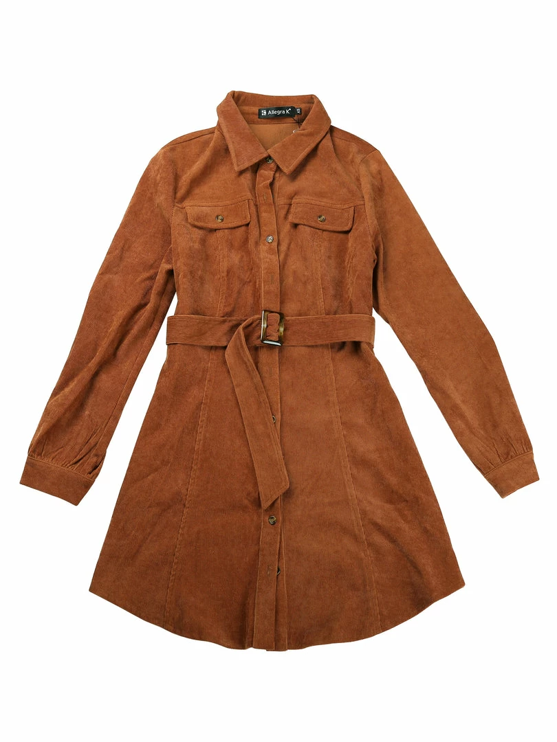 Allegra K Women's Corduroy Safari Point Collar Belted Button Down Long Sleeve Shirt Dress 4 Allegra K Women's Corduroy Safari Point Collar Belted Button Down Long Sleeve Shirt Dress