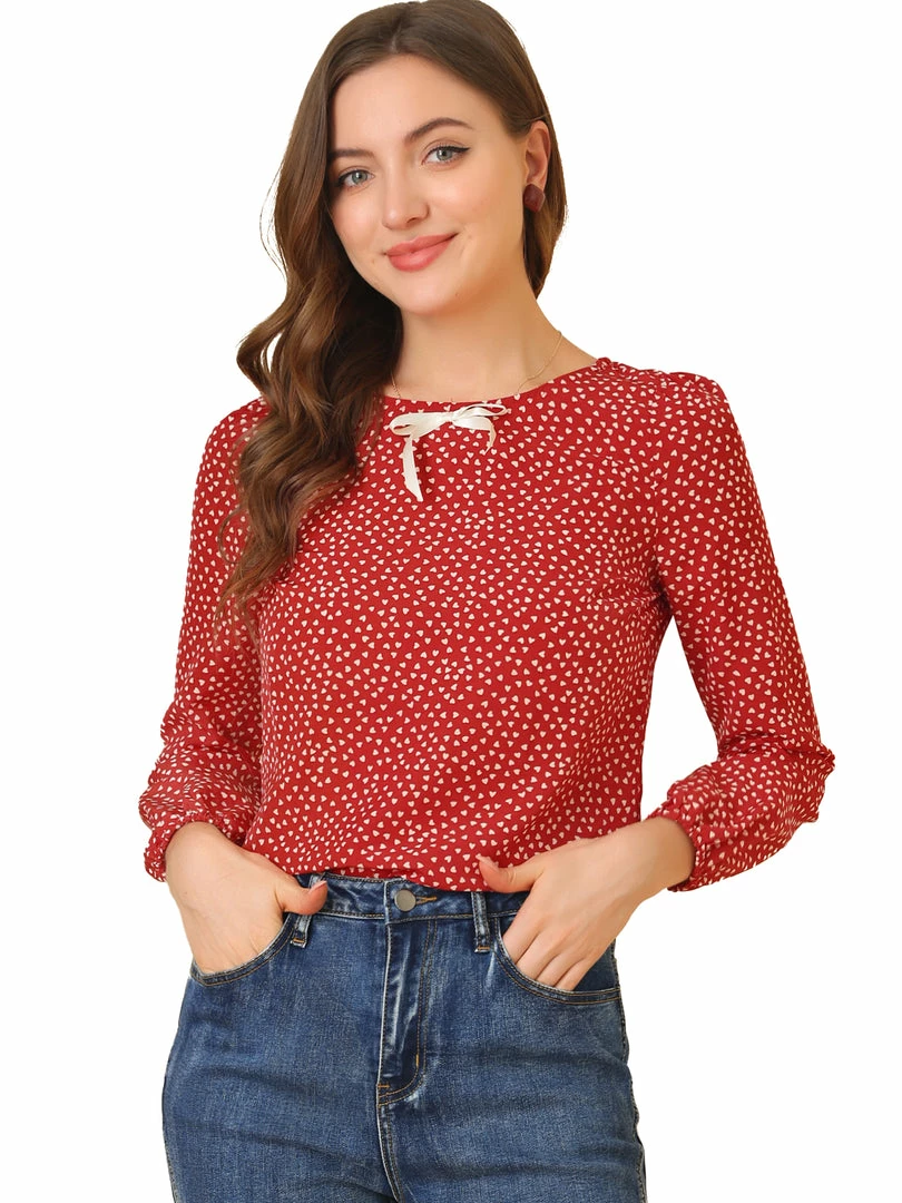 Allegra K Women's Heart Print Bow Decor Valentine's Day Long Sleeves Blouse Tops 4 Allegra K Women's Heart Print Bow Decor Valentine's Day Long Sleeves Blouse Tops