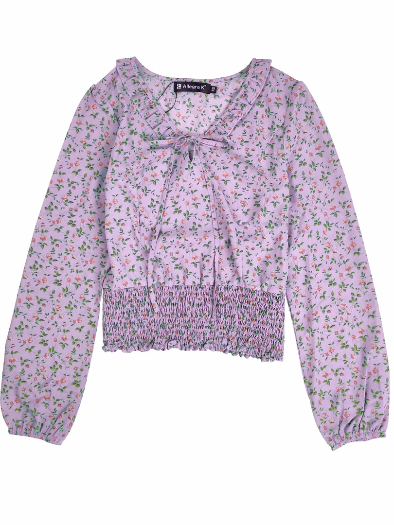 Allegra K Women's Floral Tie Neck Ruffle Collar Long Sleeve Smocked Waist Top 4 Allegra K Women's Floral Tie Neck Ruffle Collar Long Sleeve Smocked Waist Top
