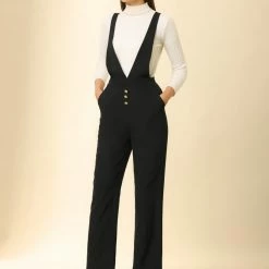 Allegra K Women's Overalls Wide Leg Pants Slant Pocket Long Suspenders Jumpsuit