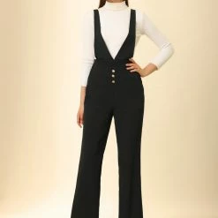 Allegra K Women's Overalls Wide Leg Pants Slant Pocket Long Suspenders Jumpsuit