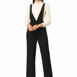 Allegra K Women's Overalls Wide Leg Pants Slant Pocket Long Suspenders Jumpsuit