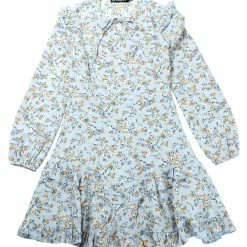 Allegra K Women's Floral Printed Tie Neck A-Line Long Sleeve Ruffle Hem Mini Dress