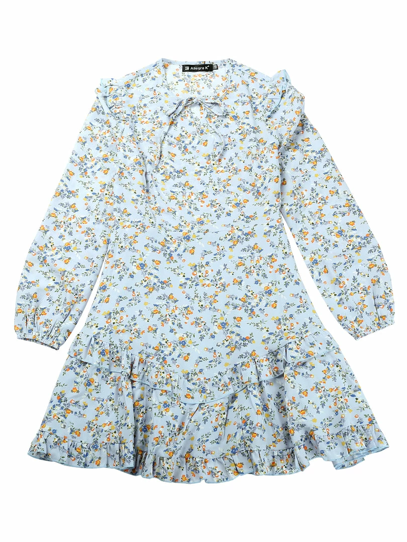 Allegra K Women's Floral Printed Tie Neck A-Line Long Sleeve Ruffle Hem Mini Dress 3 Allegra K Women's Floral Printed Tie Neck A-Line Long Sleeve Ruffle Hem Mini Dress