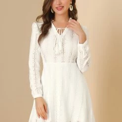 Allegra K Women's A-Line V Neck Semi Sheer Lace Dress