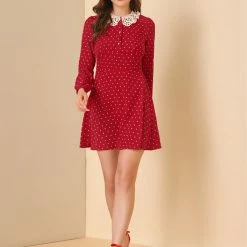 Allegra K Women's Heart Print Peter Pan Collar Valentine's Day Long Sleeve Mini Dress