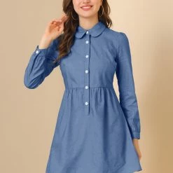 Allegra K Women's Denim Peter Pan Collar Long Sleeves Button Front Shirt Dress