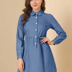 Allegra K Women's Denim Peter Pan Collar Long Sleeves Button Front Shirt Dress