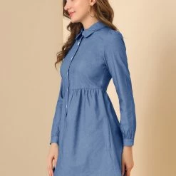 Allegra K Women's Denim Peter Pan Collar Long Sleeves Button Front Shirt Dress