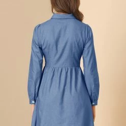 Allegra K Women's Denim Peter Pan Collar Long Sleeves Button Front Shirt Dress