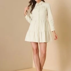 Allegra K Women's Cotton Tiered Point Collar A-Line Button Front Mini Dress