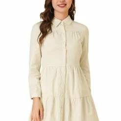 Allegra K Women's Cotton Tiered Point Collar A-Line Button Front Mini Dress