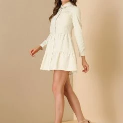 Allegra K Women's Cotton Tiered Point Collar A-Line Button Front Mini Dress