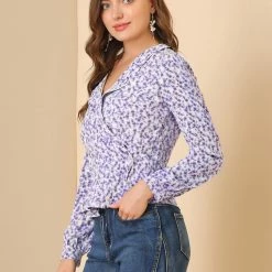 Allegra K Women's Floral Print Blouse Shawl Collar V Neck Chiffon Wrap Top 13 Allegra K Women's Floral Print Blouse Shawl Collar V Neck Chiffon Wrap Top