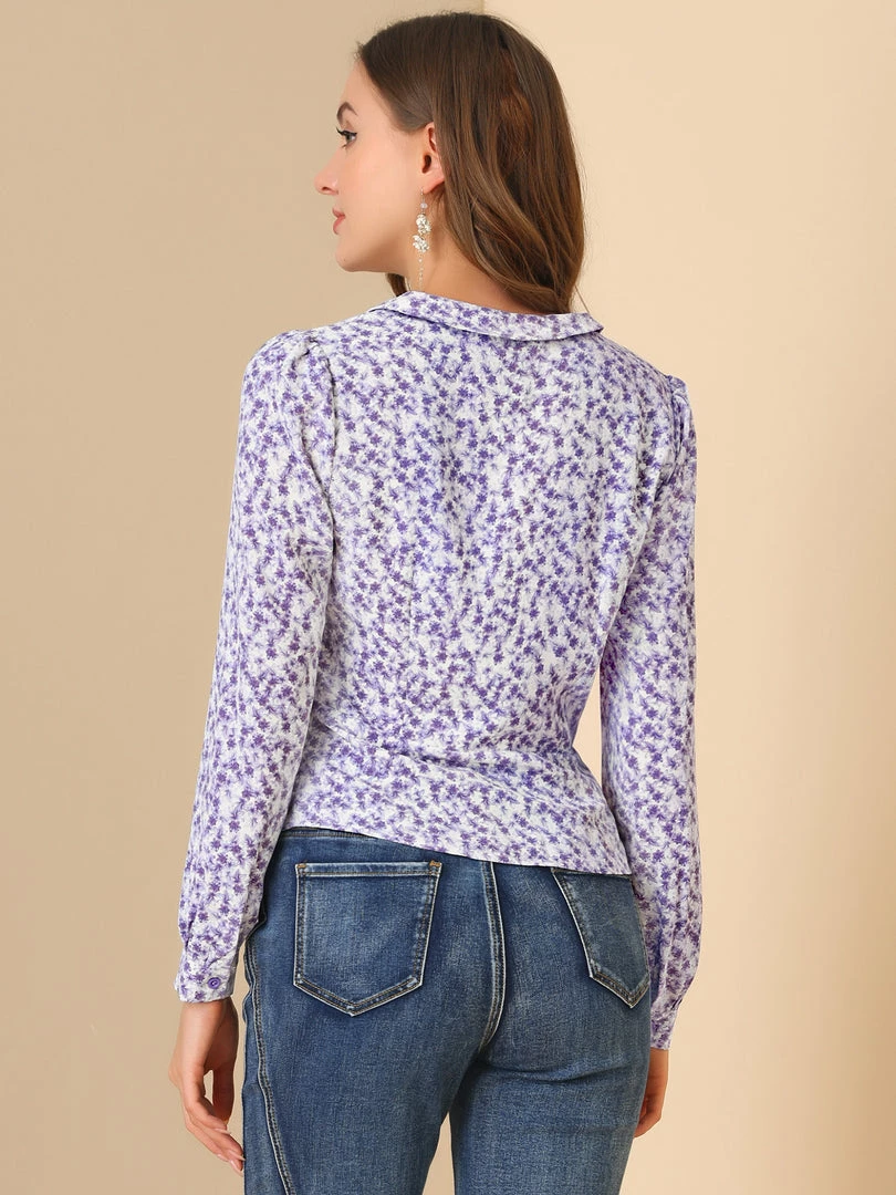 Allegra K Women's Floral Print Blouse Shawl Collar V Neck Chiffon Wrap Top 8 Allegra K Women's Floral Print Blouse Shawl Collar V Neck Chiffon Wrap Top