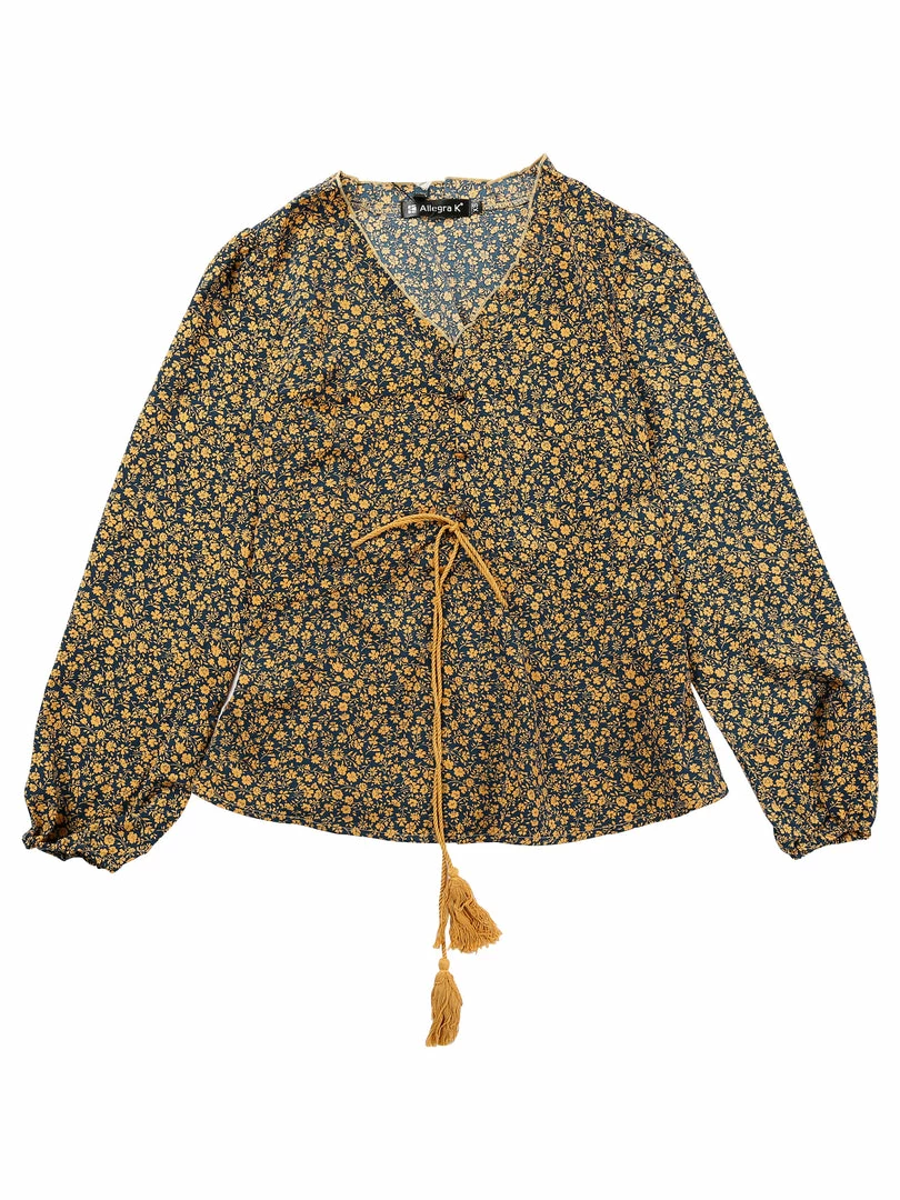 Allegra K Women's Floral V-Neck Fringe Self Tie Puff Long Sleeve Boho Peplum Top 4 Allegra K Women's Floral V-Neck Fringe Self Tie Puff Long Sleeve Boho Peplum Top