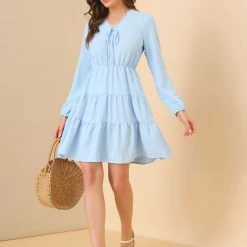 Allegra K Women's Swiss Dots Deep V Neck Puff Cuff Tiered Swing Mini Dress