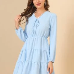 Allegra K Women's Swiss Dots Deep V Neck Puff Cuff Tiered Swing Mini Dress