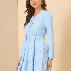 Allegra K Women's Swiss Dots Deep V Neck Puff Cuff Tiered Swing Mini Dress