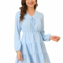 Allegra K Women's Swiss Dots Deep V Neck Puff Cuff Tiered Swing Mini Dress