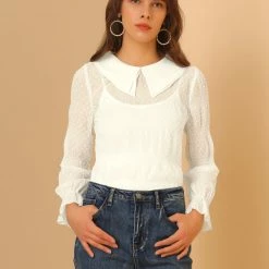 Allegra K Women's Peter Pan Collar Long Sleeve Sheer Swiss Dots Chiffon Blouse