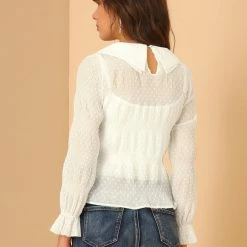 Allegra K Women's Peter Pan Collar Long Sleeve Sheer Swiss Dots Chiffon Blouse