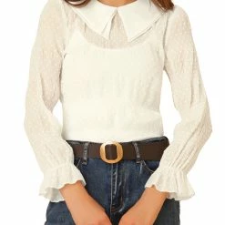 Allegra K Women's Peter Pan Collar Long Sleeve Sheer Swiss Dots Chiffon Blouse