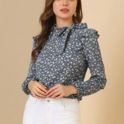 Allegra K Women's Side Bow Tie Neck Long Sleeve Ruffled Floral Blouse 46 Allegra K Women's Side Bow Tie Neck Long Sleeve Ruffled Floral Blouse