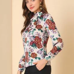 Allegra K Women's Bow Tie Neck Puff Sleeve Blouse Floral Ruffle Elegant Work Top